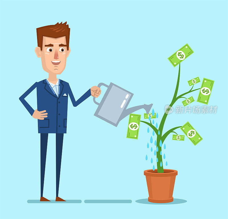 Cheerful businessman is watering money tree. Successful investment, deposit concept
